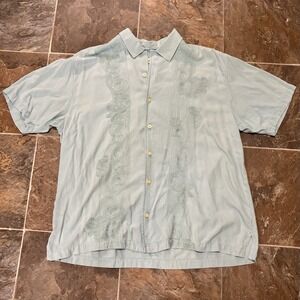 Tommy Bahama 100% Silk Light Blue Embroidered Button Down Shirt - XL